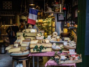 An assortment of French cheese at market