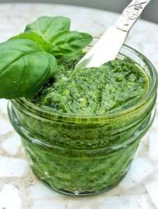 A jar of pesto made during a cooking vacation in Italy with The International Kitchen.
