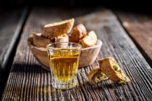 A delicious plate of cantuccini with Tuscan vin santo.