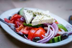 A delicious Greek salad made during a Greek cooking vacation with The International Kitchen.