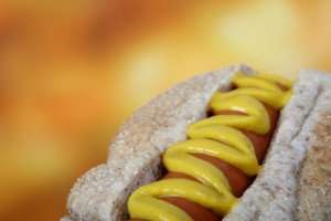 A hot dog with mustard during a traditional Fourth of July American Independence Day celebration.