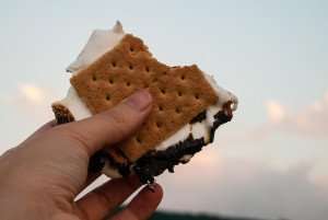 A classic s'more sandwich, traditional American fourth of July food.