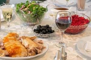 A Thanksgiving dinner ready to eat, served with fabulous wines.