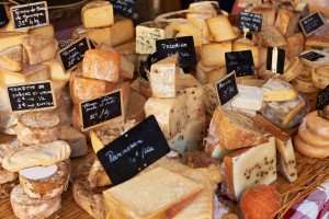 French cheeses on a cooking vacation in France.