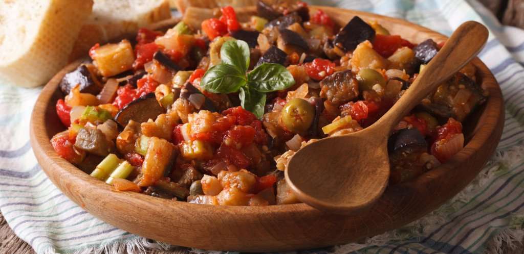 image for Eggplant Caponata with Toasted Almonds and Dark Cocoa Powder