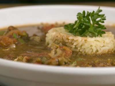 A bowl of gumbo with rice is a good way to use up leftover turkey.