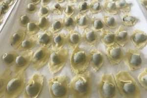 A tray of pansoti pasta in Liguria's Cinque Terre ready for finishing.