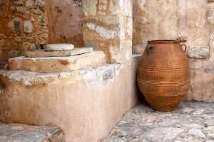An old olive oil container on our Greece culinary vacations.