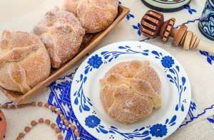 Pan de muerto, or Mexican bread of the dead, eaten during the Dia de Muertos.