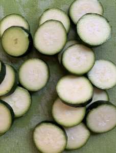 Sliced zucchini ready for using in a recipe.