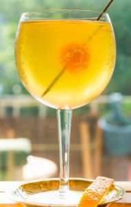 Drinking a cognac cocktail on a culinary vacation in France.