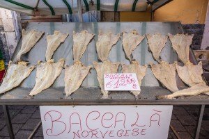 Salt cod at market and ready for a cooking class in Italy