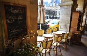 A cafe in the Place des Vosges in Paris's Marais neighborhood.