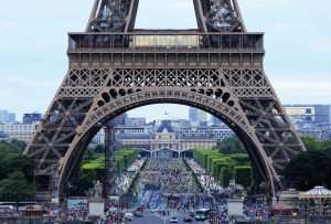 A view of the base of the Eiffel Tower. 