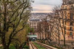 Taking the funiculaire up to the Montmartre neighborhood in Paris.