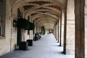 The porticos in the Place des Vosges in Paris's Marais neighborhood.