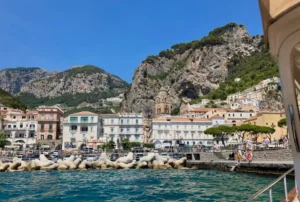 A view of the town of Amalfi on the Amalfi Coast from the water.