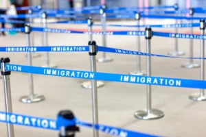 Ready to wait in line at the airport immigration kiosks.