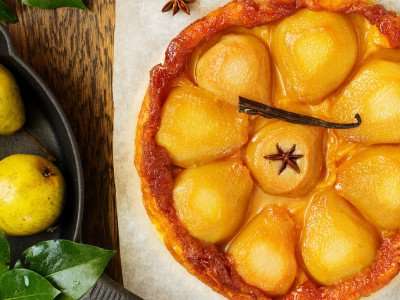 Pear tart Tatin made during a cooking vacation in France.