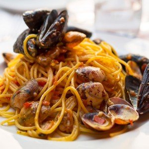 Spaghetti with mussels and clams as prepared on a cooking vacation on the Amalfi Coast