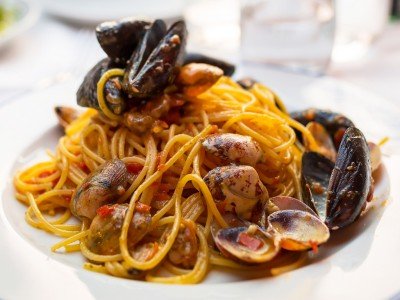 Spaghetti with mussels and clams as prepared on a cooking vacation on the Amalfi Coast