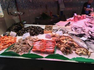 Fish at the Boqueria market, visited during a cooking vacation in Spain