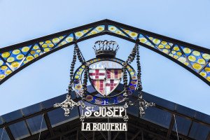 Entrance to la Boqueria Market in Barcelona during a culinary tour in Spain