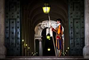 A Swiss Guard outside of St. Peter's in Rome.