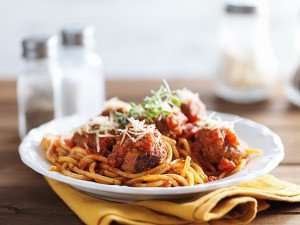 Traditional Italian-American spaghetti and meatballs.