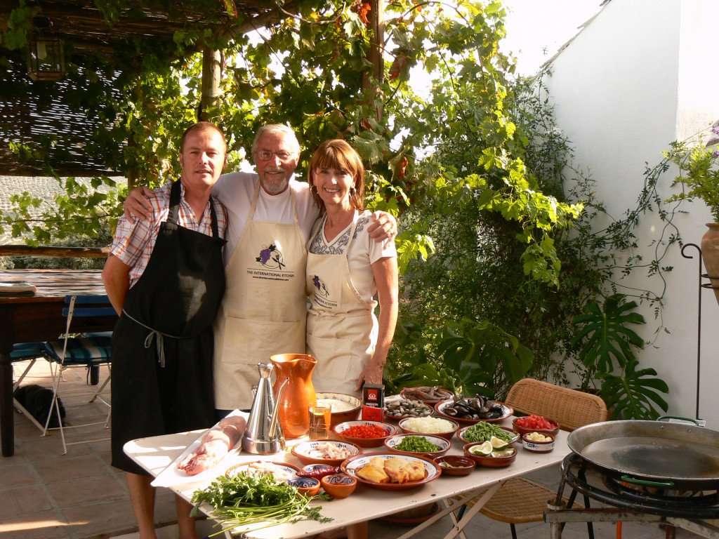 Ready for a paella cooking class on the patio of Cooking in Andalusian Olive Country.
