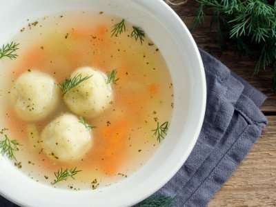 Homemade matzo ball soup made during a culinary vacation in Israel.