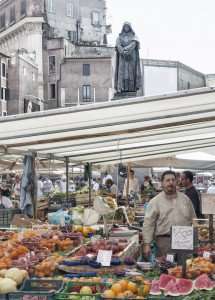 The market at Campo de' Fiori during a culinary vacation in Rome with The International Kitchen.