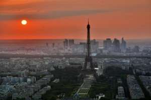 A view of the Eiffel Tower during sunset.