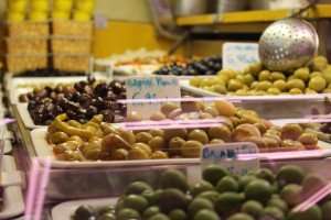 Olives at the market during a culinary vacation in Spain.