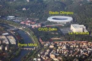 A labeled aerial view of the Tiber River and the Monte Milvio district. 