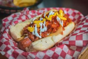 A hotdog fully loaded.