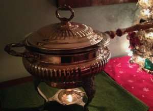 A silver chafing dish for a holiday cocktail party.