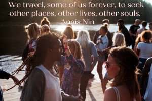 A travel quote with a group of people by the water.