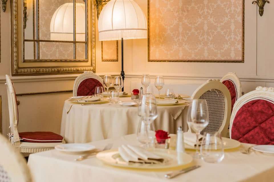 Image for Dining room of the elegant restaurant at the Hotel Bristol in Genoa, Italy.
