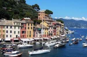 A view of the building and boats of the Italian Riviera.