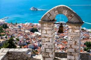 A view of Poros Town and the Saronic Sea during a cooking vacation on Poros, Greece.