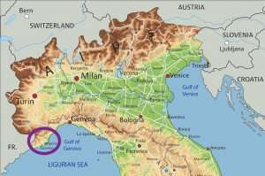 A map of Italy with the Riviera dei Fiori in Liguria highlighted, including Sanremo and Imperia.