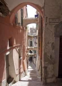A street in the historical center of Sanremo, Liguria, on an Italy cooking vacation.
