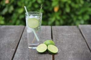 A classic gin and tonic highball with a rosemary garnish.