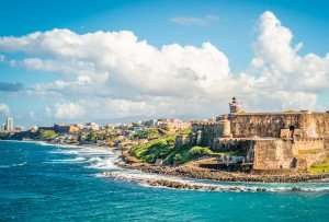 Panoramic landscape along the coastline of San Juan, Puerto Rico.