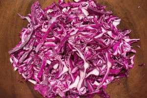 Red cabbage cut and placed in a bowl.