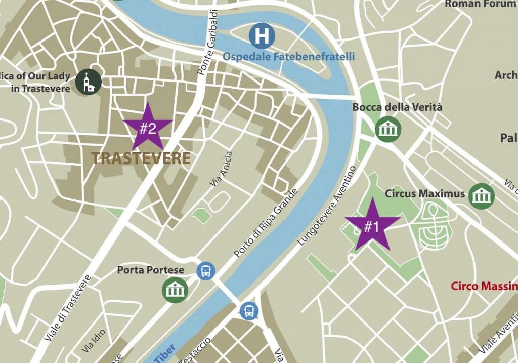 Map of Rome with the Aventine Hill and Trastevere.