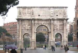 The Arch of Constantine in Rome on a rainy day.