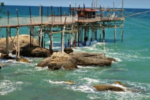 Visiting a trabocco fishing hut during our cooking vacations in Abruzzo.