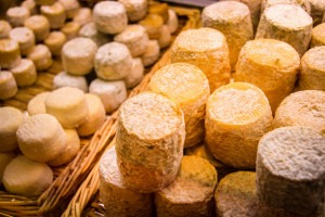 Goat cheese on display at the market in France.